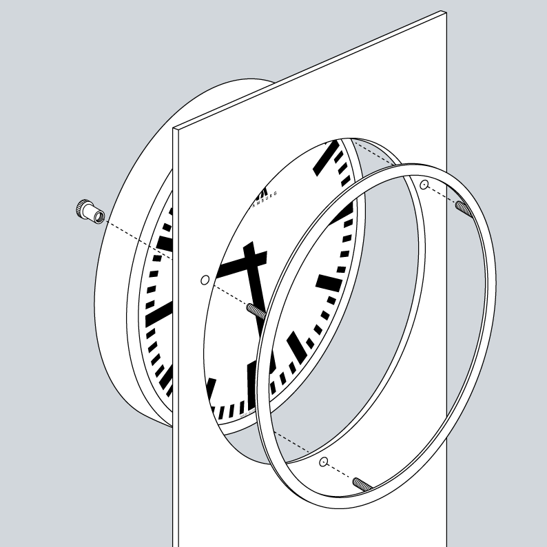 Mounting principle for a clock in a media pillar by means of a front ring